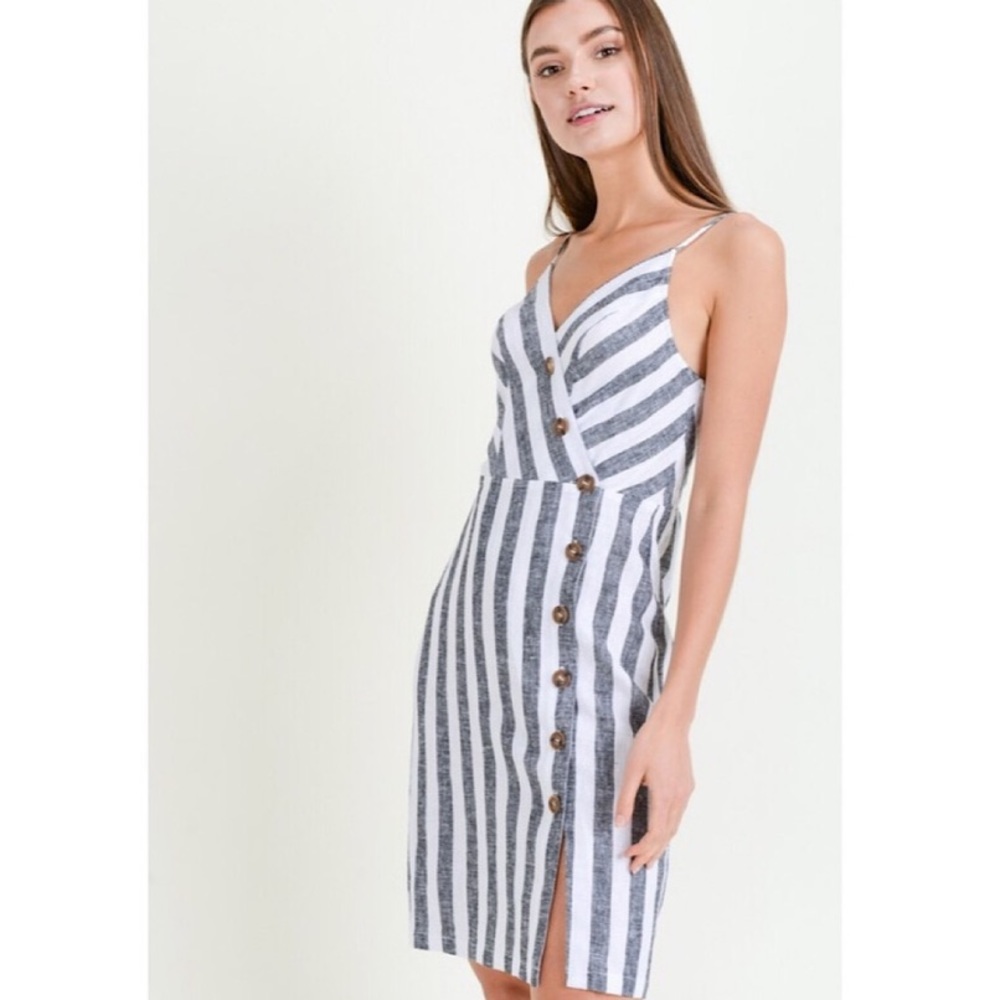 Linen Striped Asymmetrical Button Down Dress - Picture 1 of 8